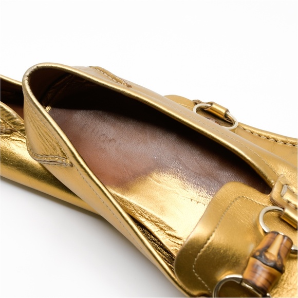 GUCCI Metallic Gold Leather Driving Loafers Bamboo Horsebit Size 10 - Picture 9 of 16